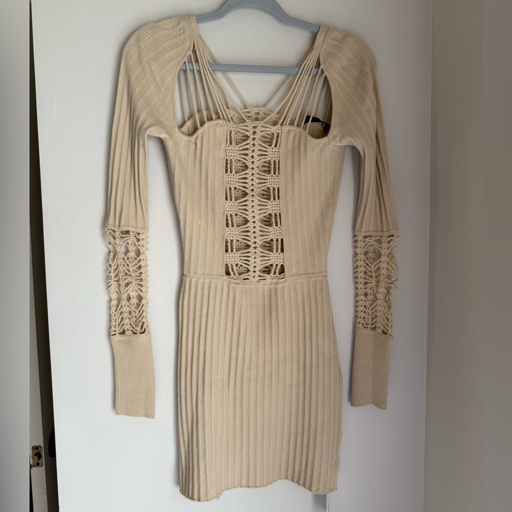 Jen Kao Womens Long Sleeve Cashmere Knit Crochet Mini Bodycon Dress